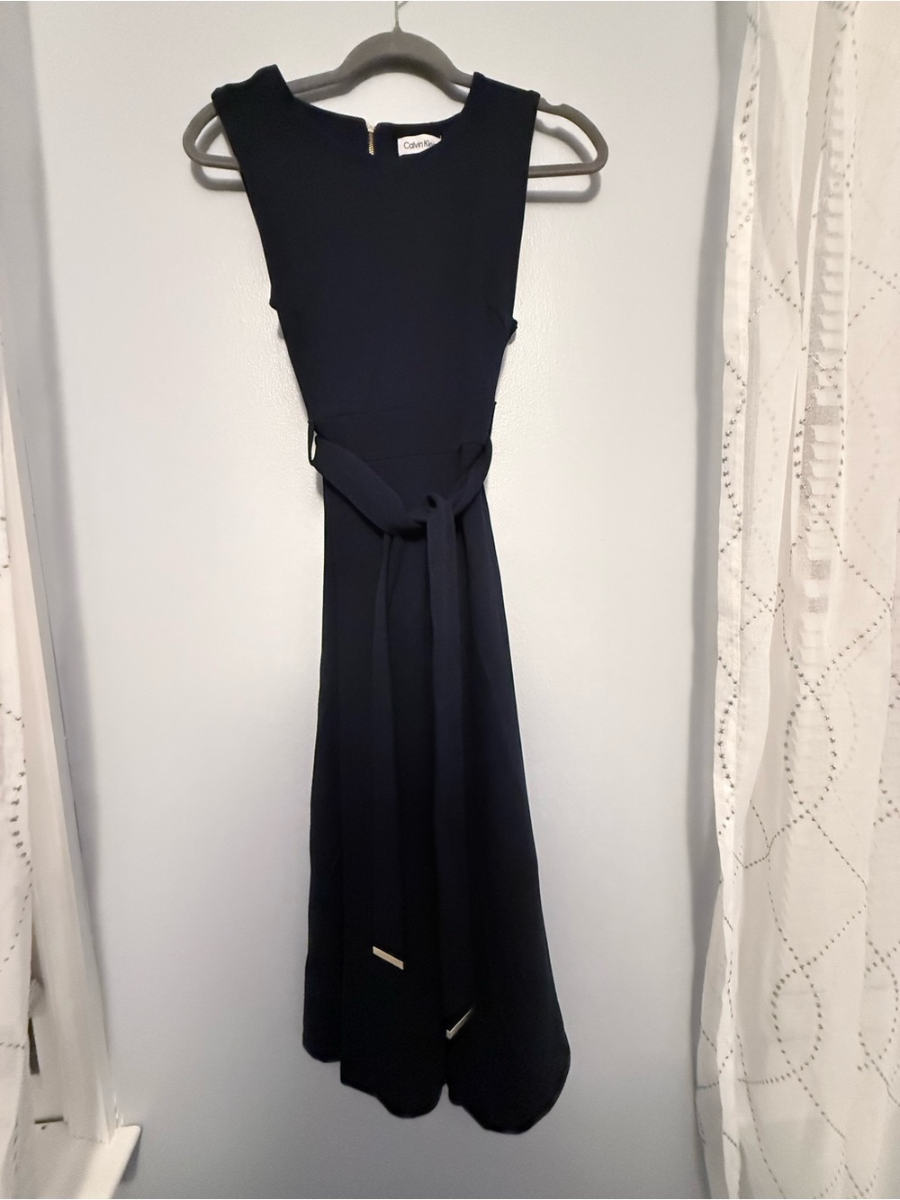 Calvin Klein Sleeveless Navy Belted Midi Dress